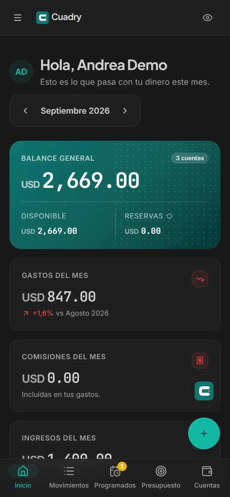 Inicio de Cuadry en el teléfono