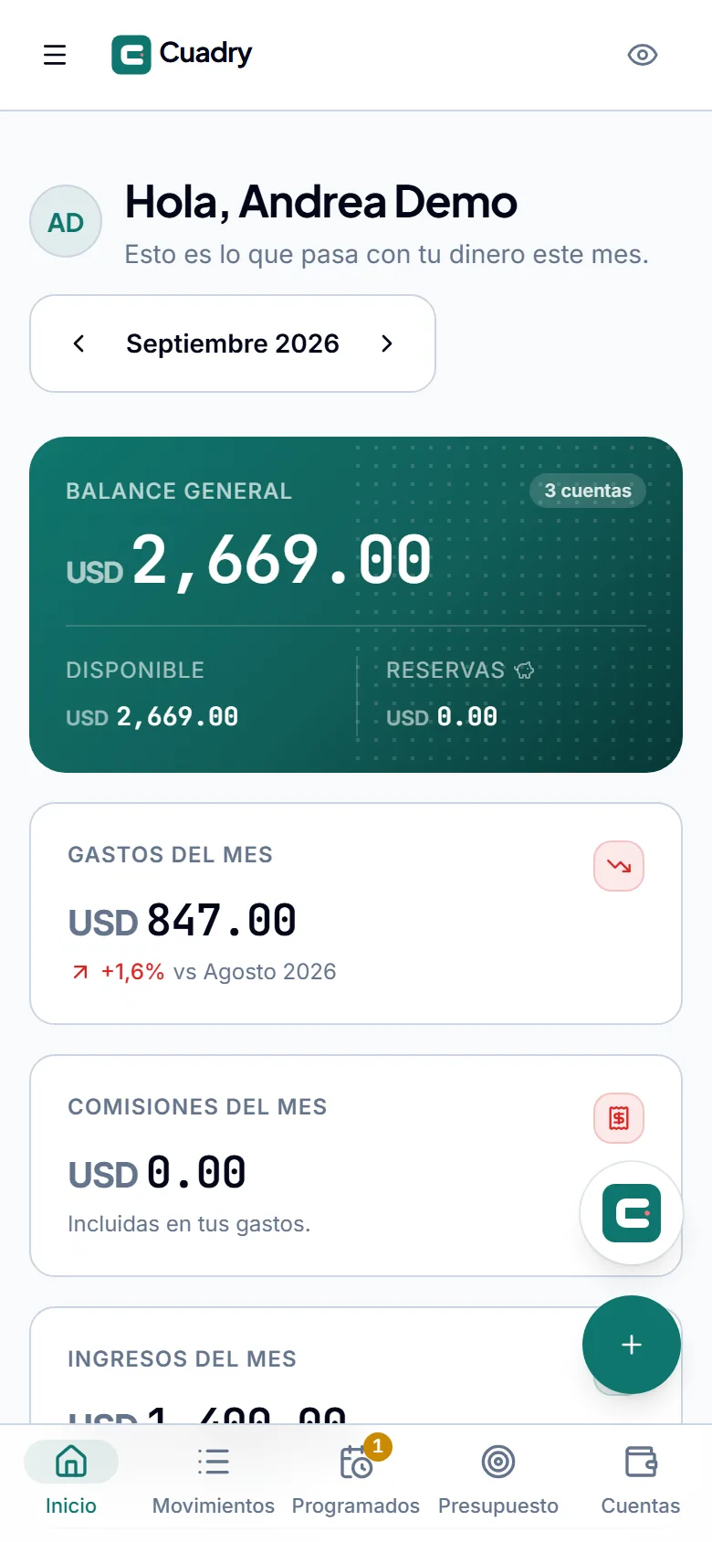Inicio de Cuadry en el teléfono